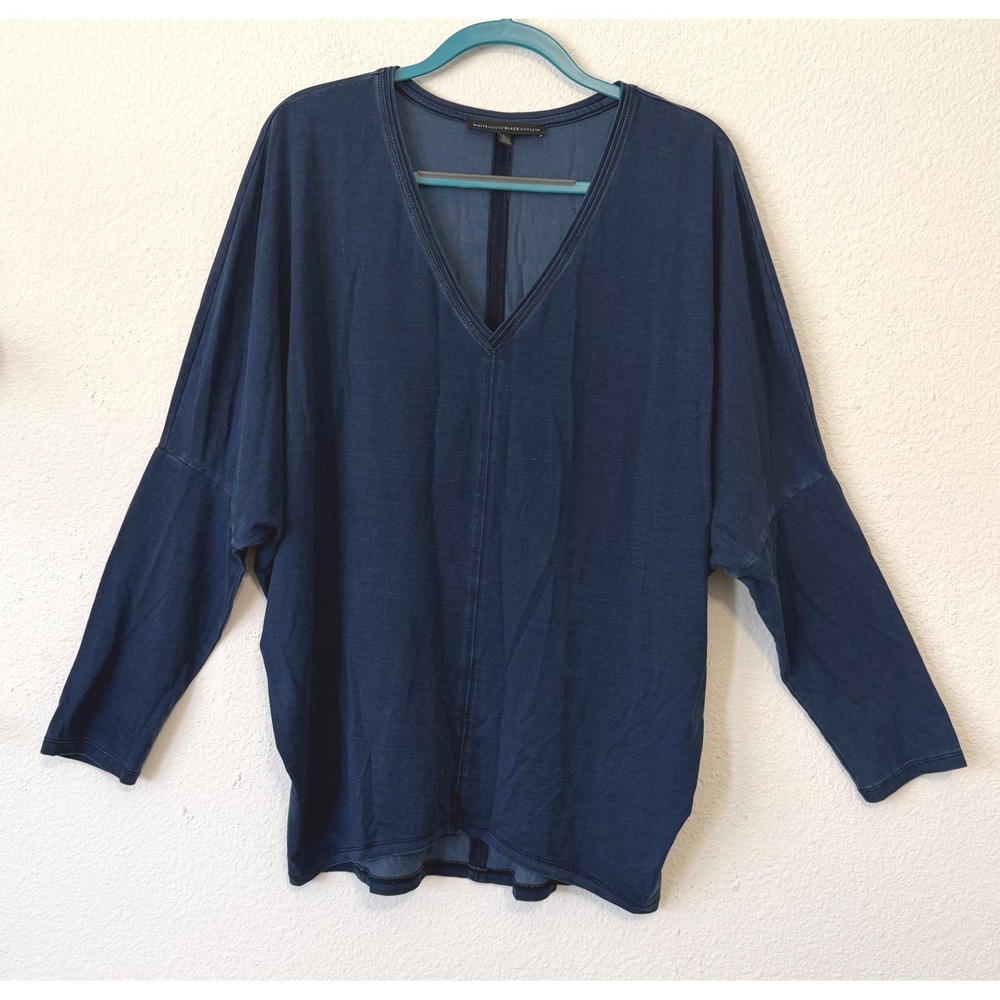 White House Black Market V-Neck Top Large Blue Long Sleeve Casual Lounge